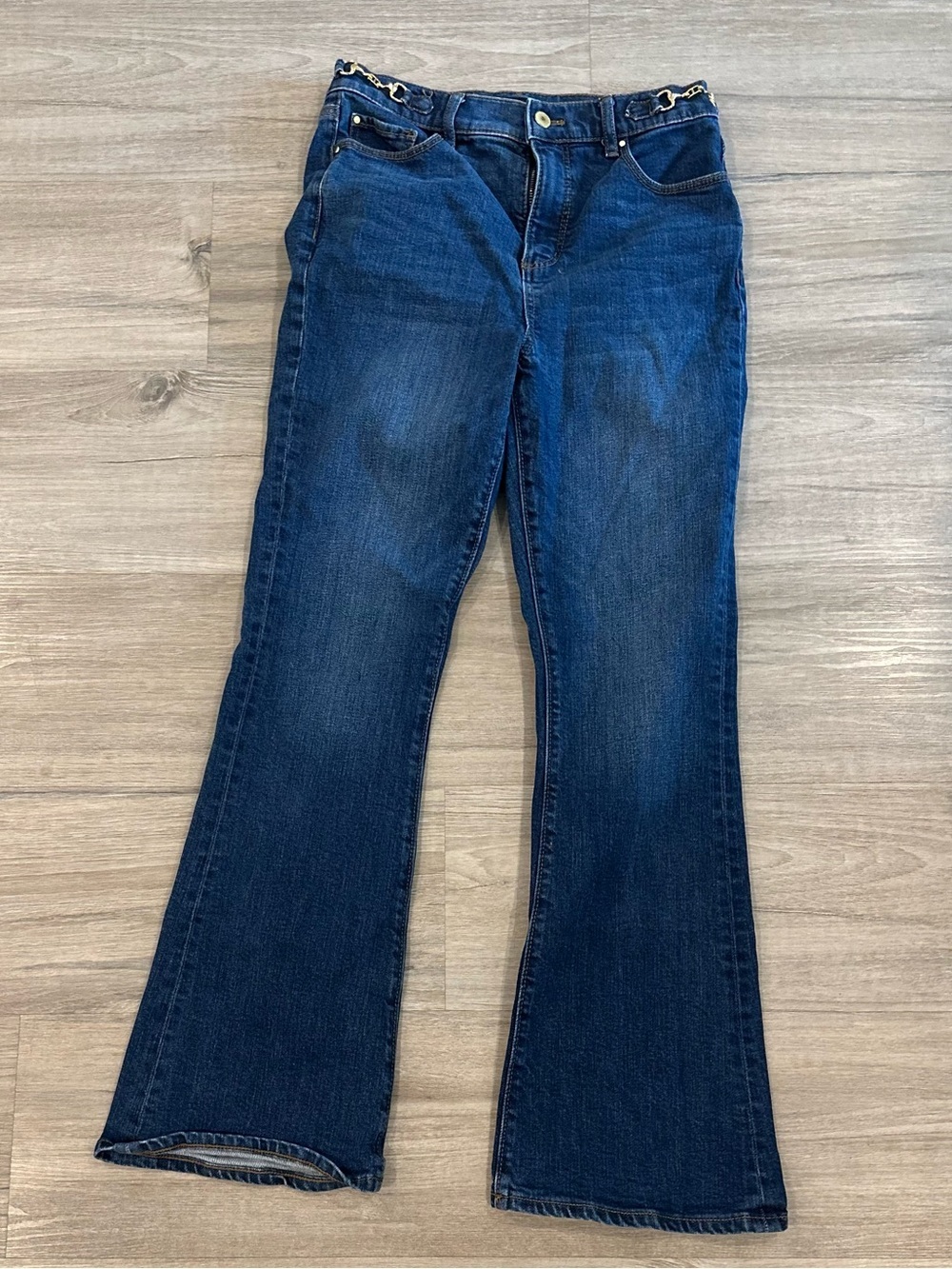 Ann Taylor Dark Blue Flare Jeans with Chain-Detail Waist